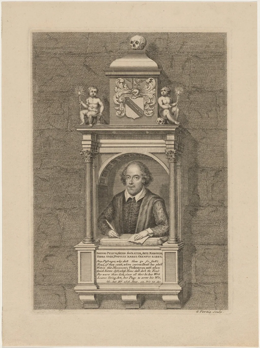 Shakespeare Monument in Church at Stratford-on-Avon, by George Vertue, ink, 1720