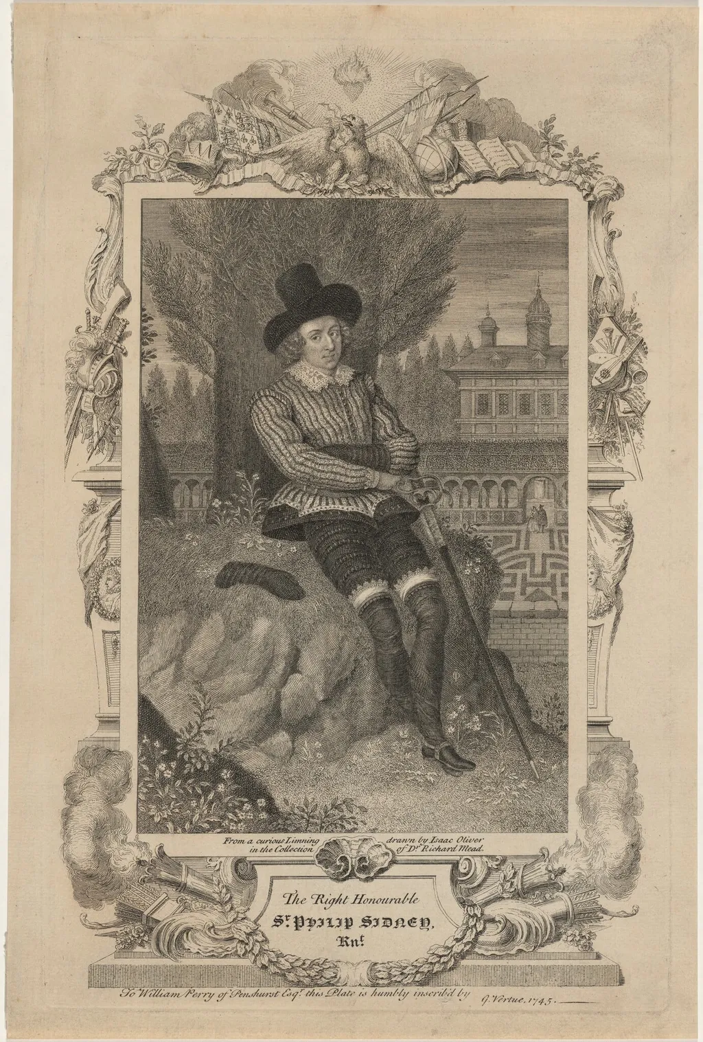 Sir Philip Sidney, Soldier and Poet, by George Vertue, ink, 1745