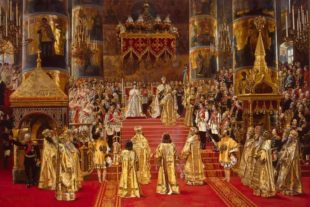 The Coronation of Empreror Alexander III and Empress Maria Feodorovna, by Georges Becker, oil, 1894