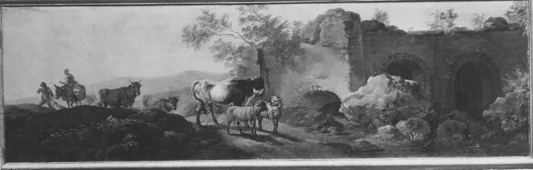 Landschaft mit Vieh und Ruinen (Supraporte), by Georges-Frédéric Meyer, unspecified, 1757