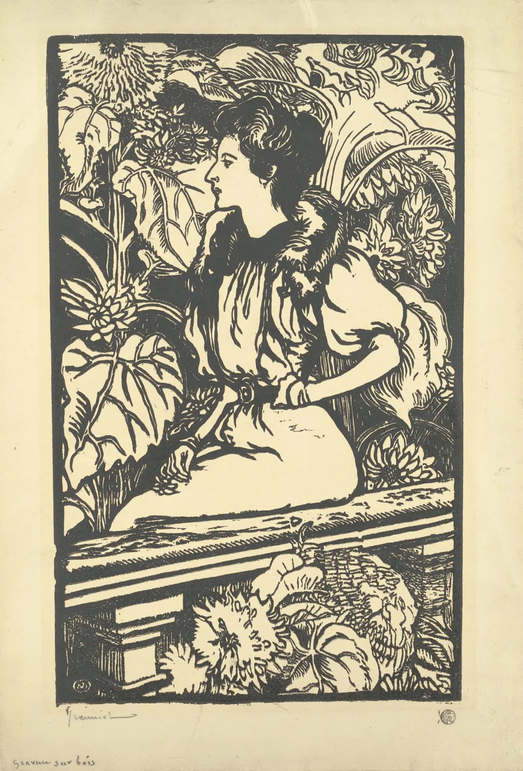 Young Woman Seated in a Garden, by Georges Jeanniot, ink, 1896