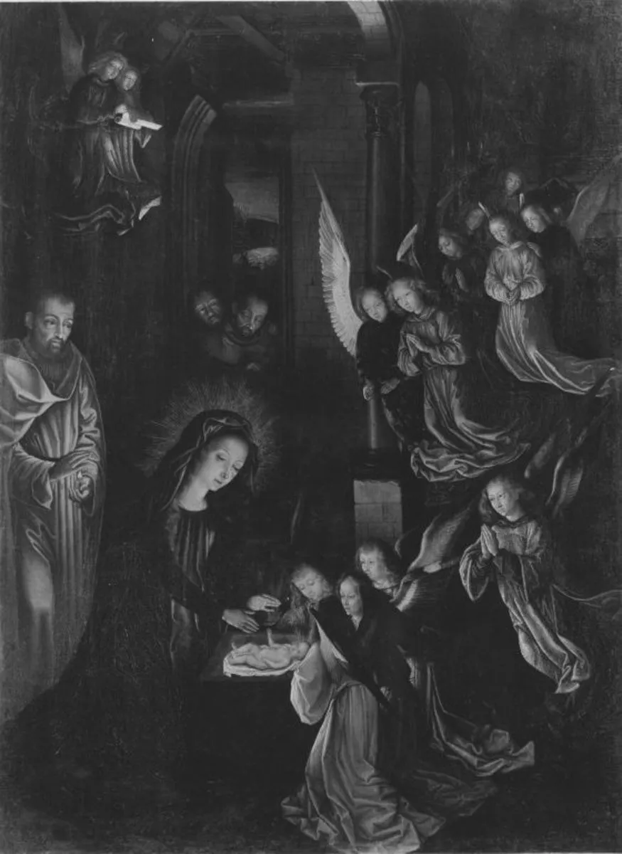 Geburt Christi (nach einem verlorenen Original von Hugo van der Goes) (Rückseite: Wappen) (Kopie nach), by Gerard David, oil