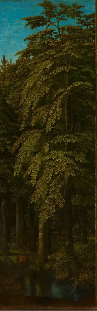 Outer right wing of a triptych with a view in a forest, by Gerard David