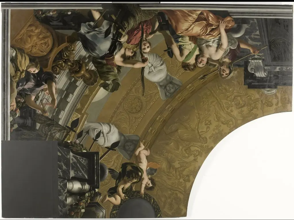 Onderdeel (linksboven) van een plafondschildering met als hoofdvoorstelling Diana en haar gezellinnen, by Gerard de Lairesse