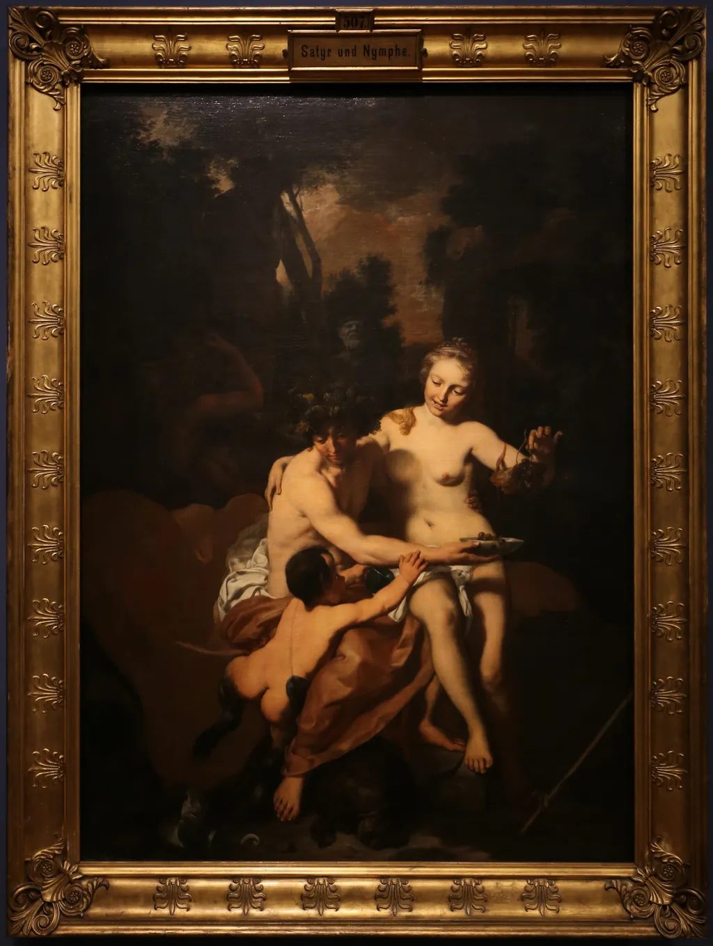 Satyr and nymph with a young faun, by Gerard de Lairesse, oil, 1690
