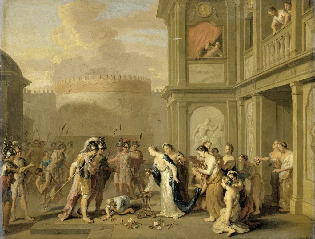 Queen Cleophis Offers Alexander the Great Wine after Conquering Massaga, by Gerard Hoet, oil, 1701