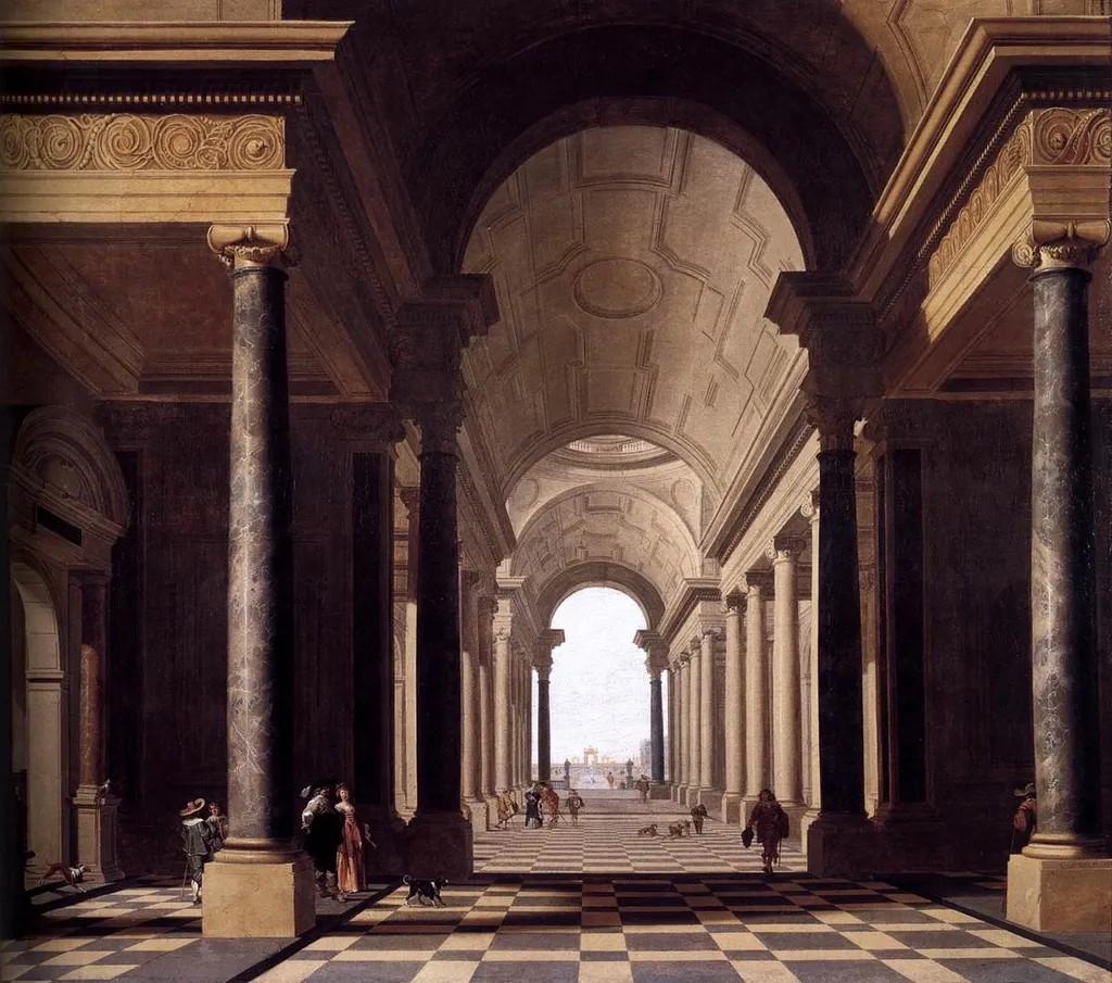 An Architectural Fantasy with Figures, by Gerard Houckgeest, oil, 1638