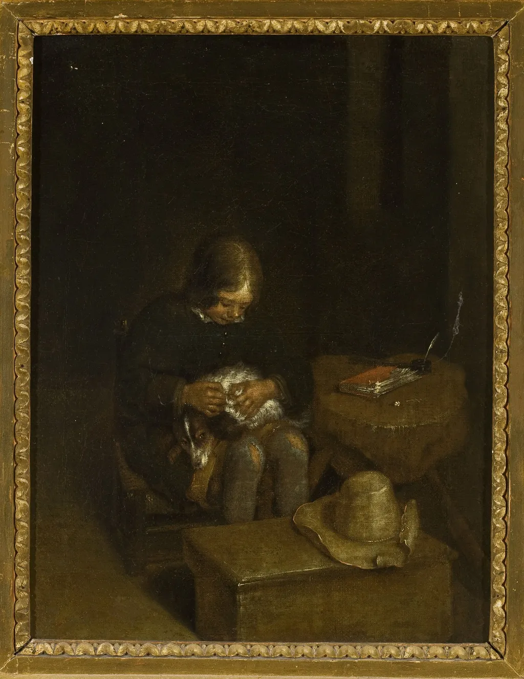 A Boy Lousing a Dog, by Gerard ter Borch, oil, 1659