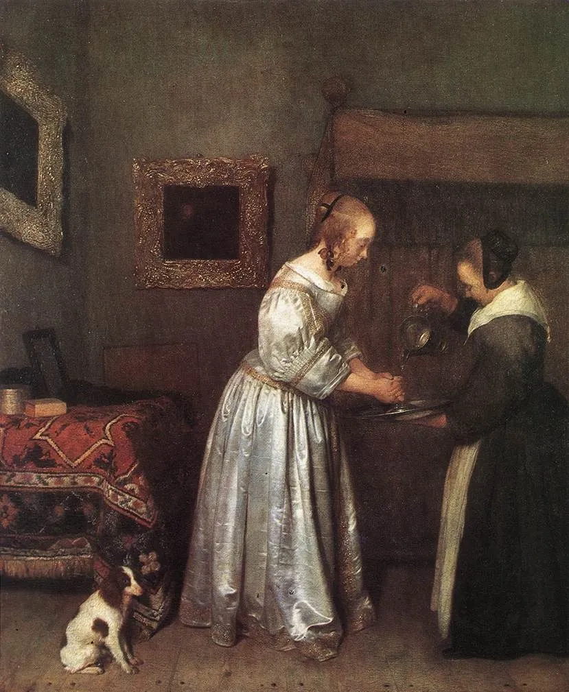 A Woman Washing Her Hands, by Gerard ter Borch, oil, 1655