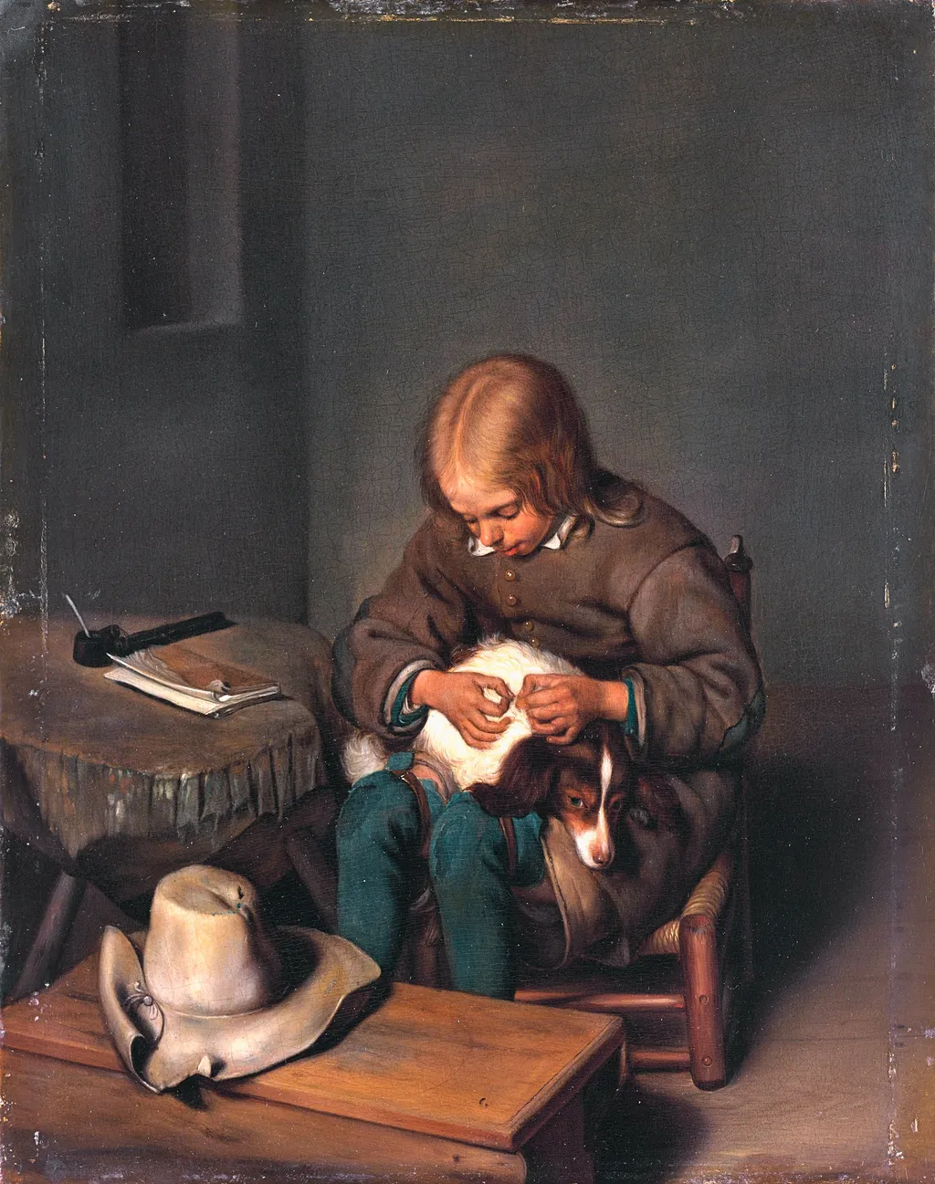 Boy fleaing a dog, by Gerard ter Borch, oil