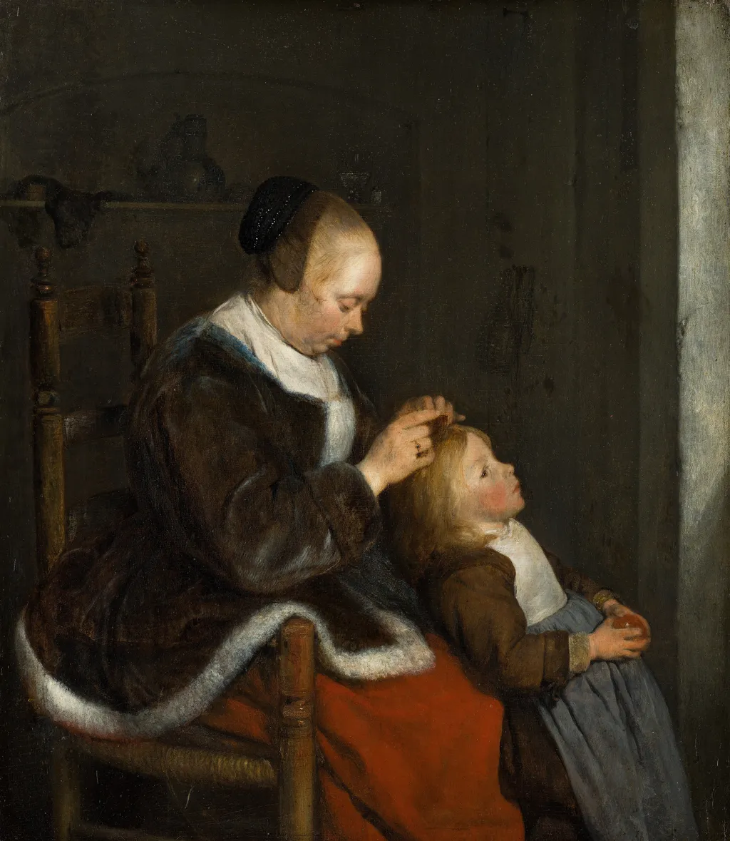 Mother Delousing her Child’s Hair, by Gerard ter Borch, oil, 1652