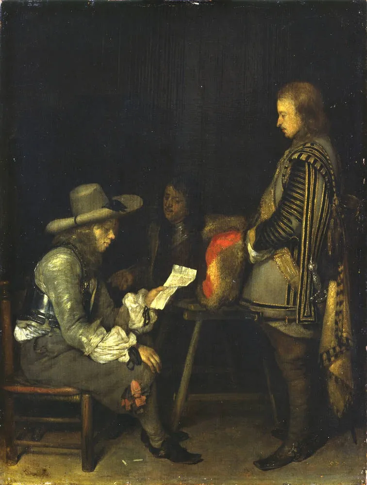 Officer Reading a Letter, by Gerard ter Borch, oil, 1658