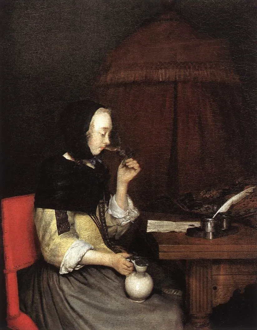 Woman Drinking Wine, by Gerard ter Borch, oil, 1650