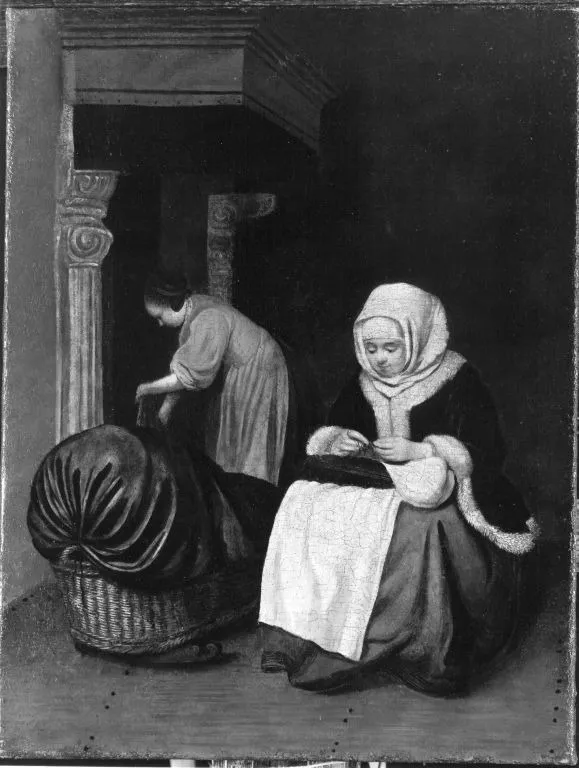 Woman sewing with Maid, by Gerard ter Borch, oil, 1649