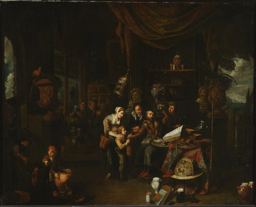 In the alchemist's study, by Gerard Thomas, oil, 1702
