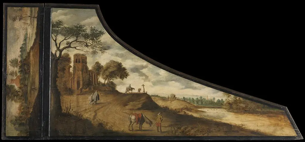 A painting on a harpsichord lid with a hilly landscape and travelers, by Gerard van der Horst