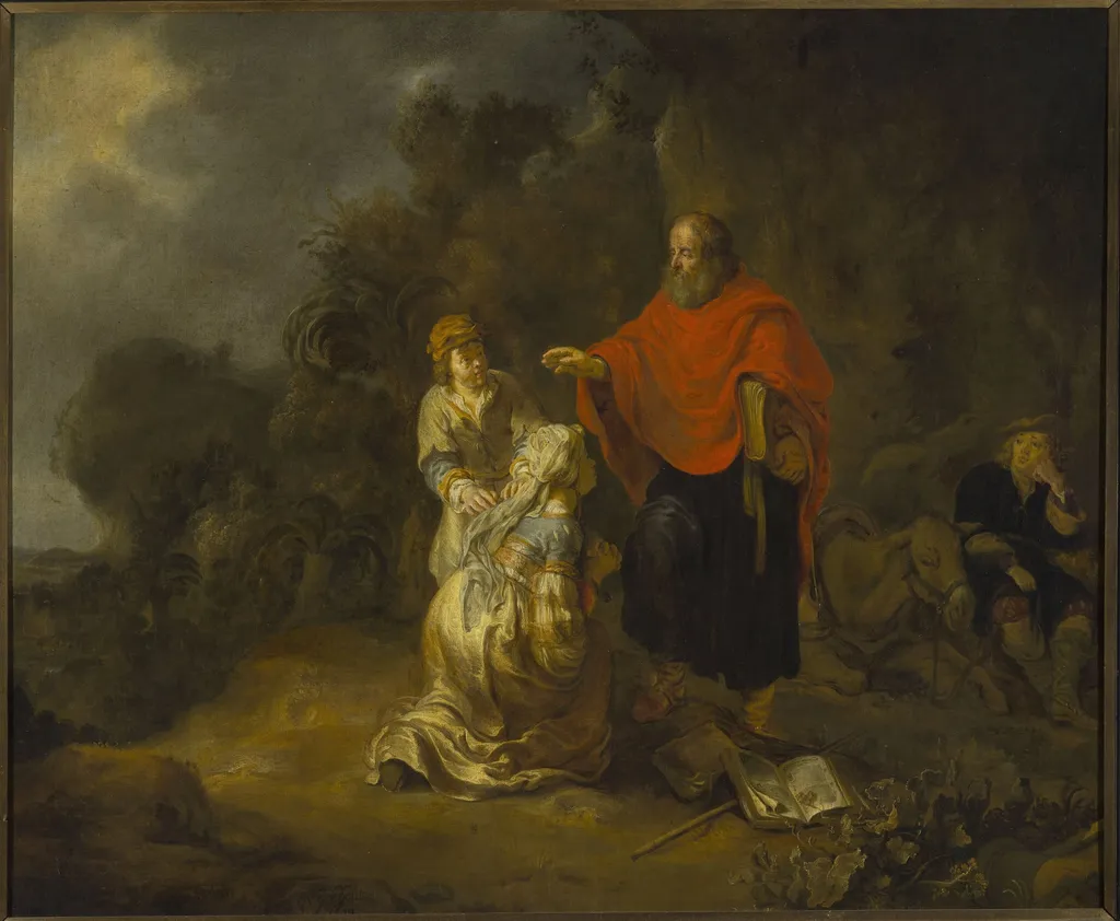 Prophet Elisha and the Shunammite woman on Mt. Carmel, by Gerbrand van den Eeckhout, oil, 1649