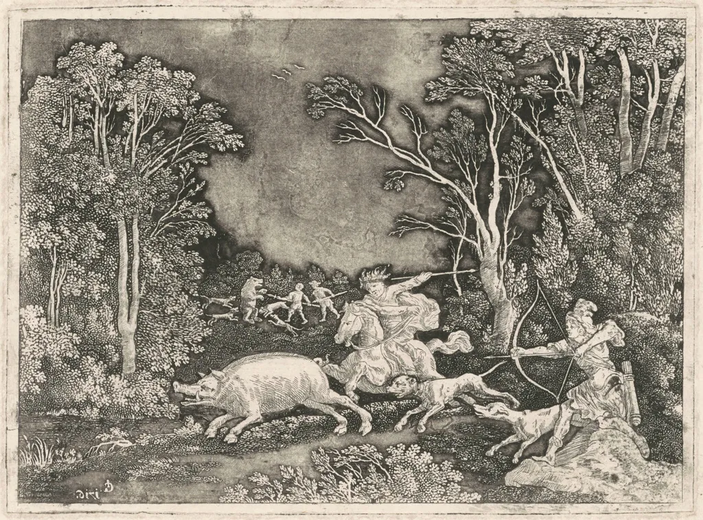Antique Boar Hunt, by Gerhard Janssen, ink, 1716