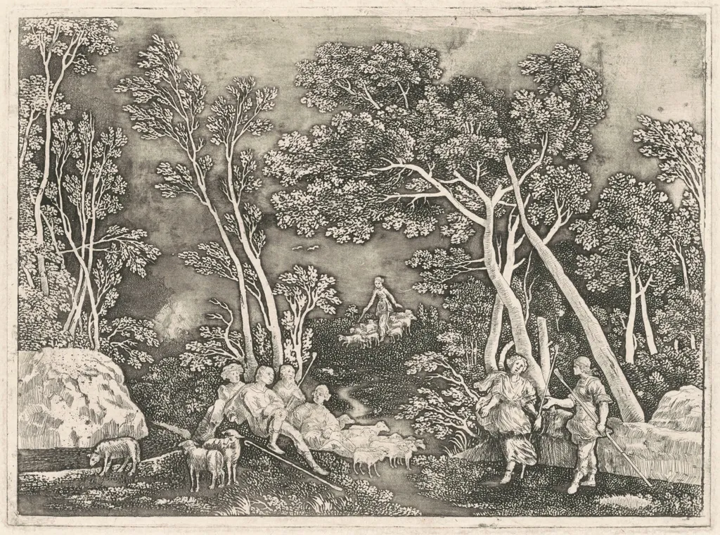 Nymphs in a Landscape, by Gerhard Janssen, ink, 1716