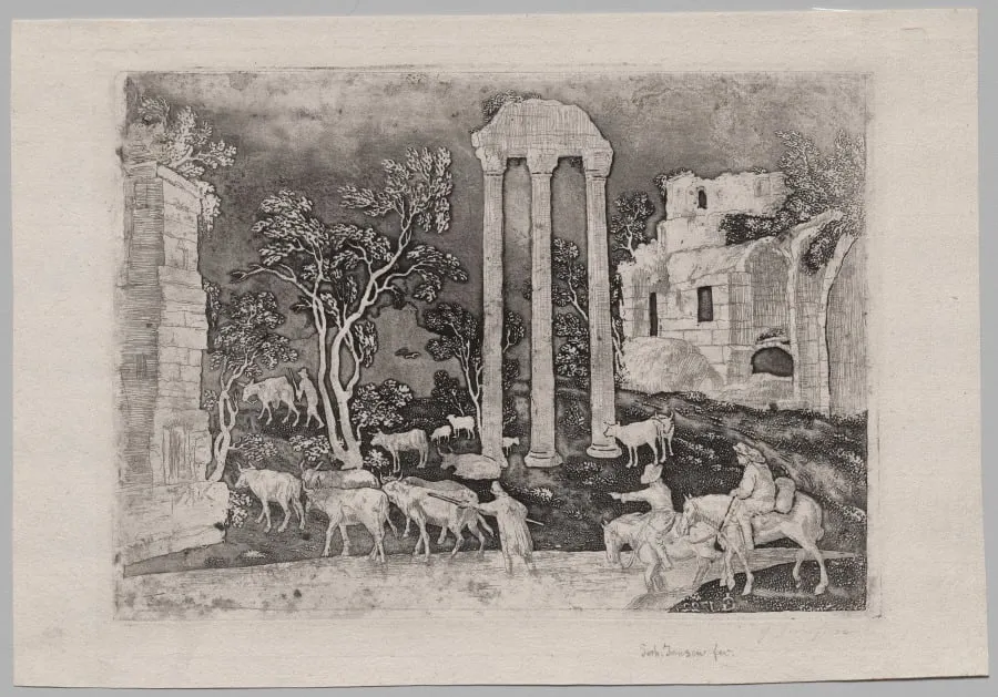 Pastoral Landscape with Ruins and a Ford, by Gerhardt Janssen, 1722