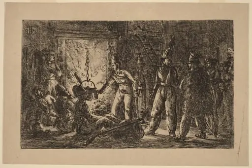 Cossacks before a Fireplace (Les cosaques devant la cheminée de la ferme en Hollande) [recto], by Gerhardus Emaus de Micault