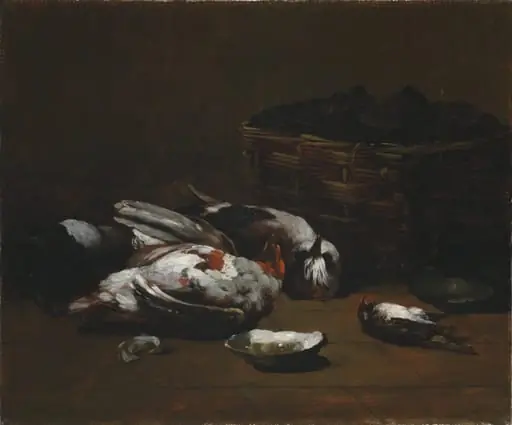 Still Life with Dead Birds and a Basket of Oysters, by Germain Théodule Clément Ribot