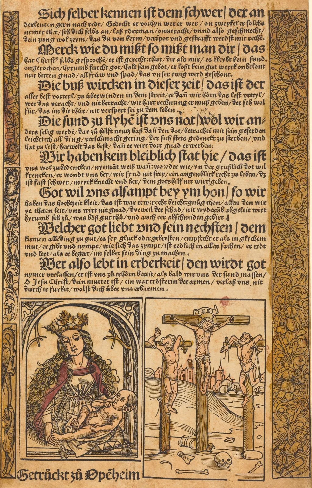 Broadside with Two Scenes from the Life of Christ, and Grotesque Borders, by German 15th Century, ink, 1488