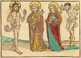 Christ Showing His Wounds to Peter, the Magdalene and the Good Thief, by German 15th Century, 1485