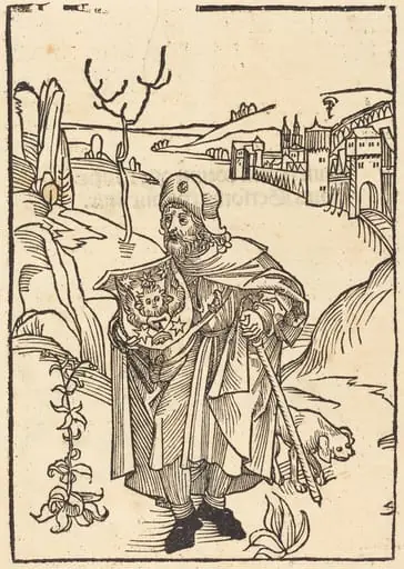 Gerson as Pilgrim with Town in Background, by German 15th Century