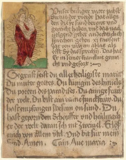 Madonna and Child in a Glory with an Indulgence and a Prayer, by German 15th Century
