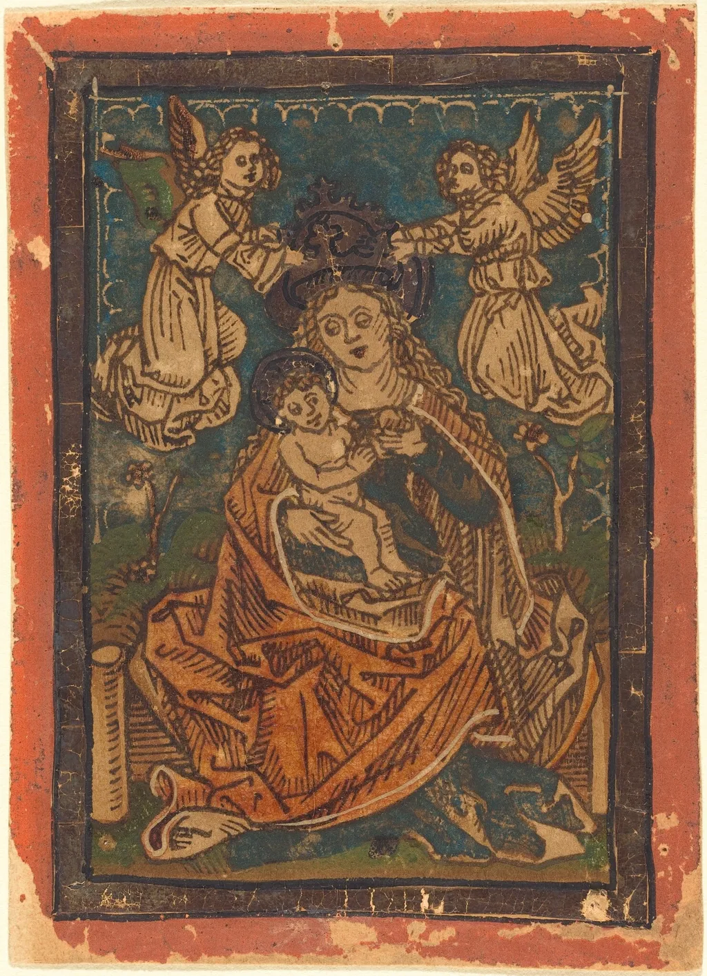 Madonna and Child Seated on a Grassy Bank with Angels, by German 15th Century, ink, 1485