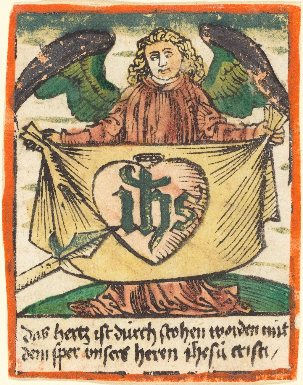 Sacred Monogram in a Sacred Heart on a Cloth Held by an Angel, by German 15th Century, ink, 1480
