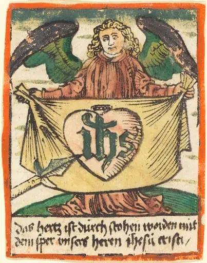 Sacred Monogram in a Sacred Heart on a Cloth Held by an Angel, by German 15th Century