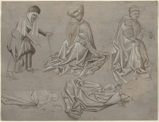 Studies for Six Figures (sheet from a model book) [recto], by German 15th Century