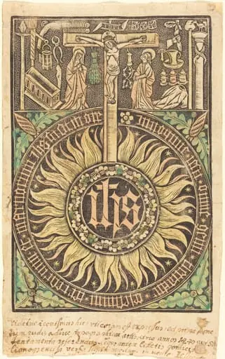 The Sacred Monograph with the Crucifixion  and Passion Symbols [recto], by German 15th Century