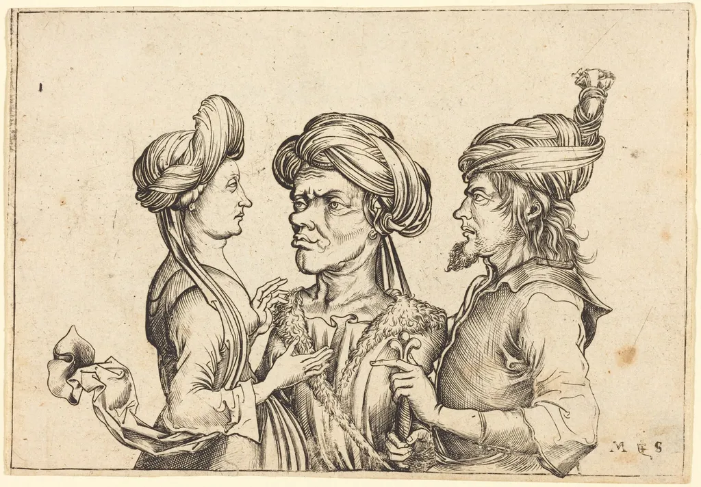 Three Oriental Figures, by German 15th Century, ink, 1490