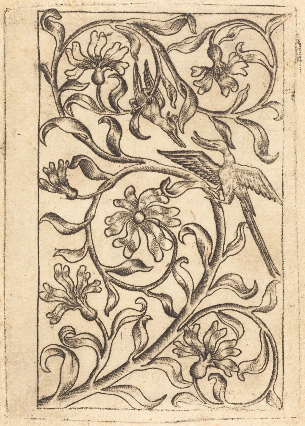 Vine Ornament with Two Birds, by German 15th Century, ink, 1445