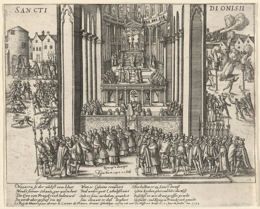 Composite Image Depicting Actions of Henri IV, King of France, upon His Abjuration of the Protestant Faith, by German 16th Century, ink, 1594