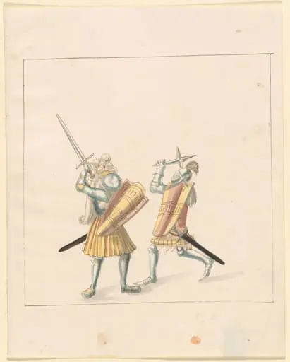 Foot Combat with Swords, Throwing Stars, and Shields (Tartschen), by German 16th Century
