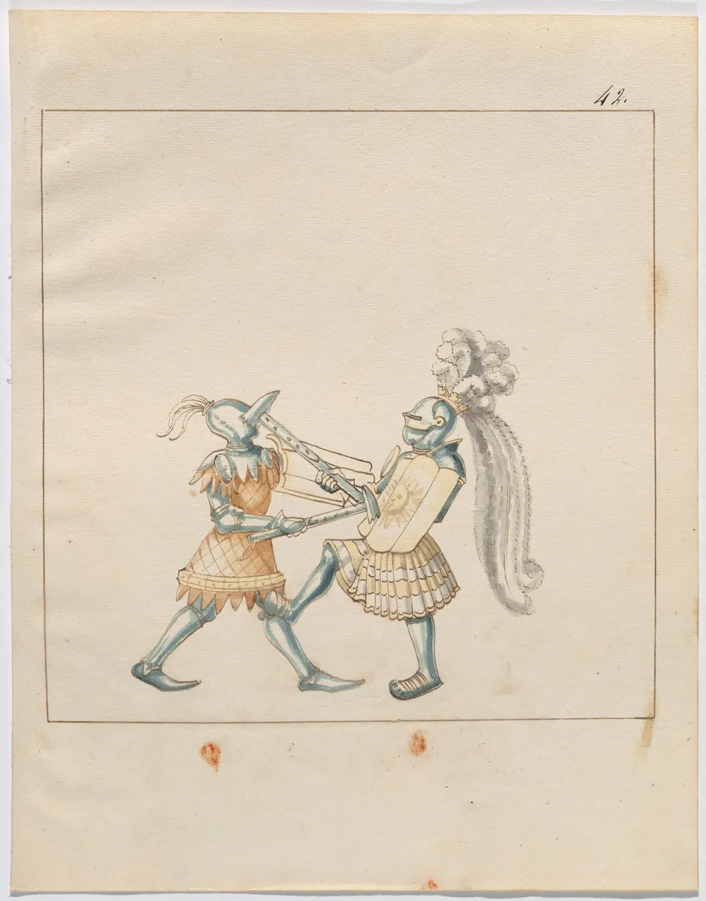 Foot Combat with War Hammers and Tartsche Shields, by German 16th Century, ink, 1514