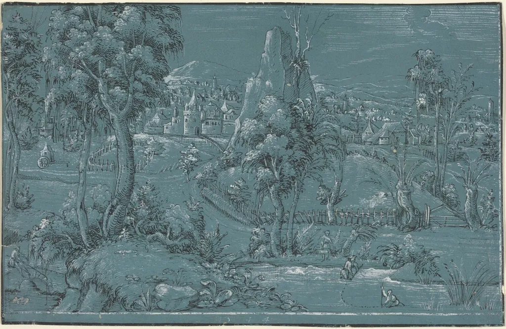 Landscape with Men Fishing, by German 16th Century, ink, 1544