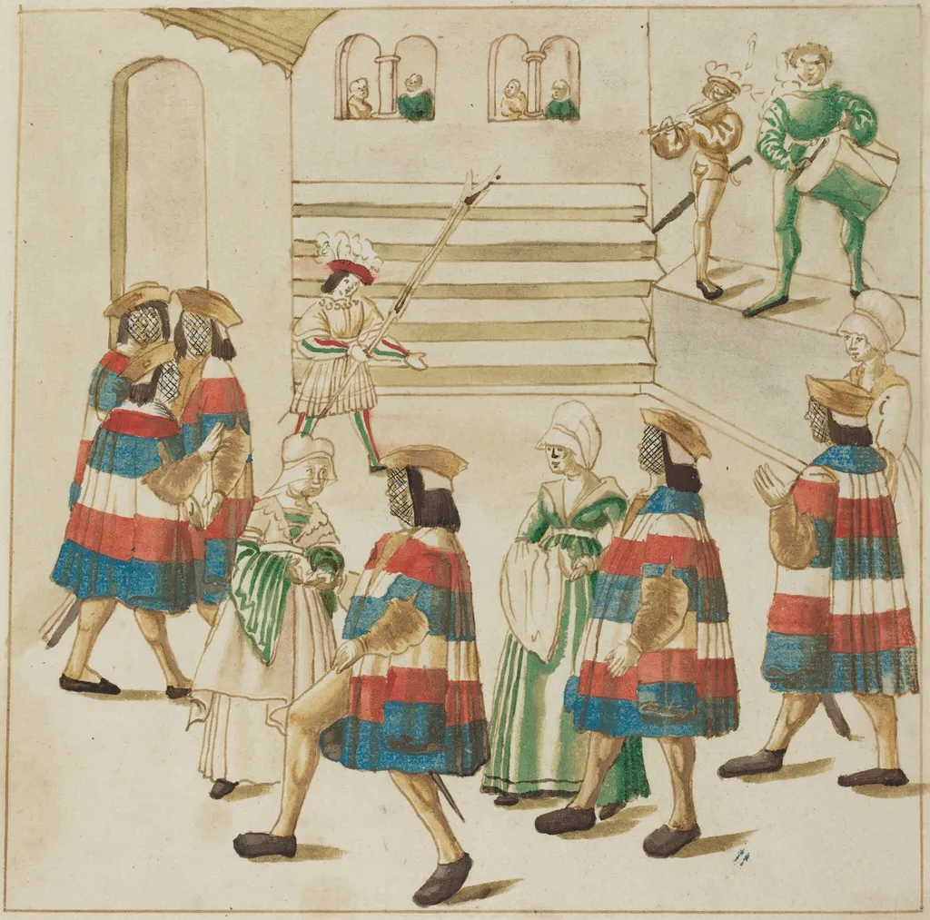 Men in Red, White and Blue Dancing with Their Partners, by German 16th Century, ink, 1514