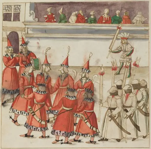 Seven Men in Red Gathered in a Circle, by German 16th Century
