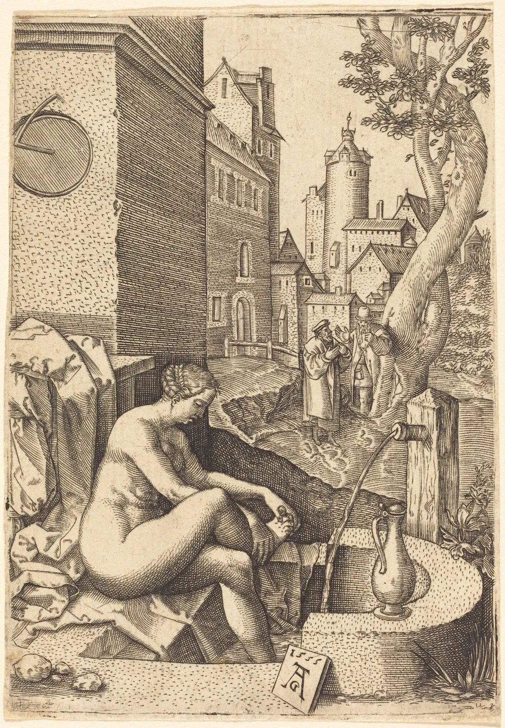 Susanna Surprised by the Two Elders, by German 16th Century, ink, 1555