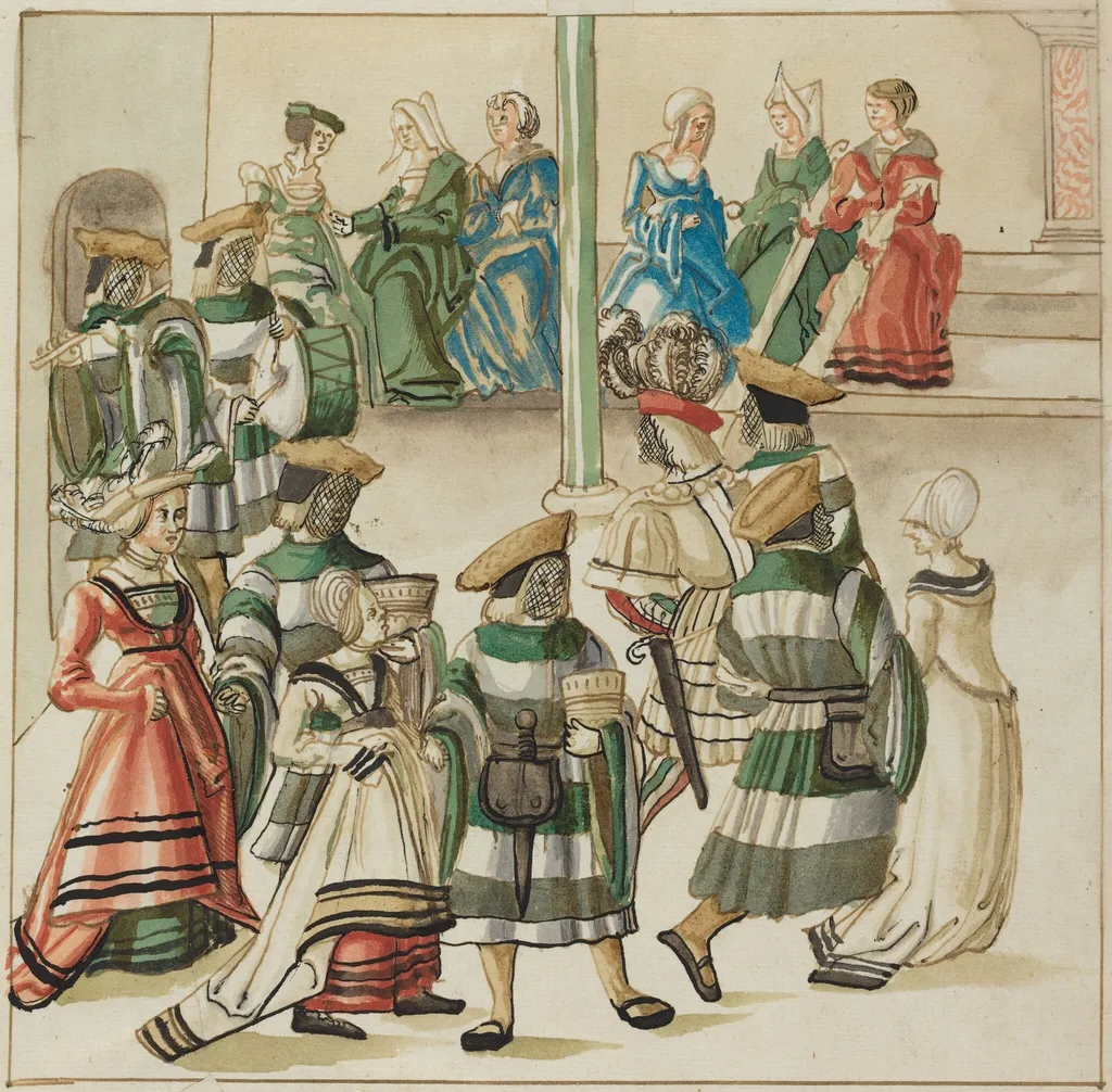 Three Dancing Couples Led by Two Knights in Room with Column, by German 16th Century, ink, 1514