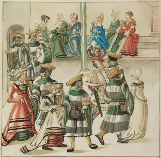 Three Dancing Couples Led by Two Knights in Room with Column, by German 16th Century