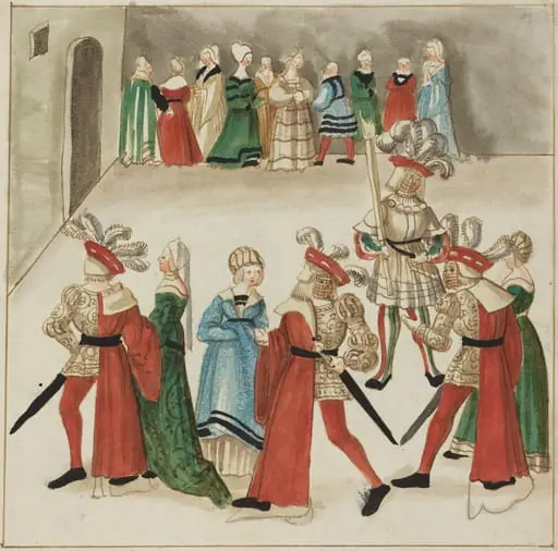 Three Men in Red Capes Dancing with Their Partners, by German 16th Century