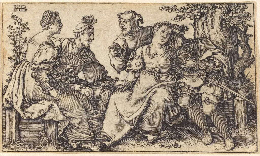 Two Couples and a Fool, by German 16th Century, ink, 1550
