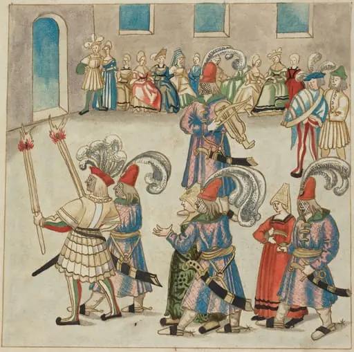 Two Dancing Couples Led by Torch-bearing Knights, by German 16th Century, 1514