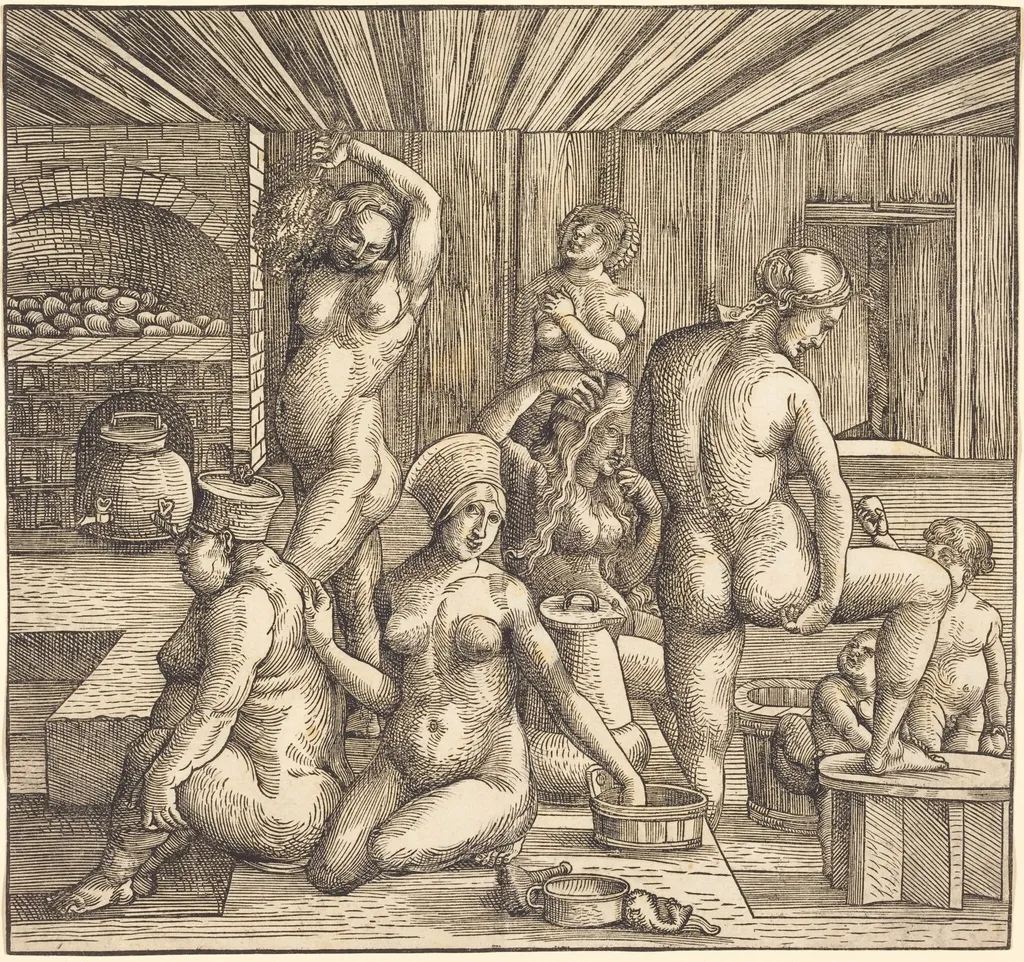 Women's Bath, by German 16th Century, ink, 1508